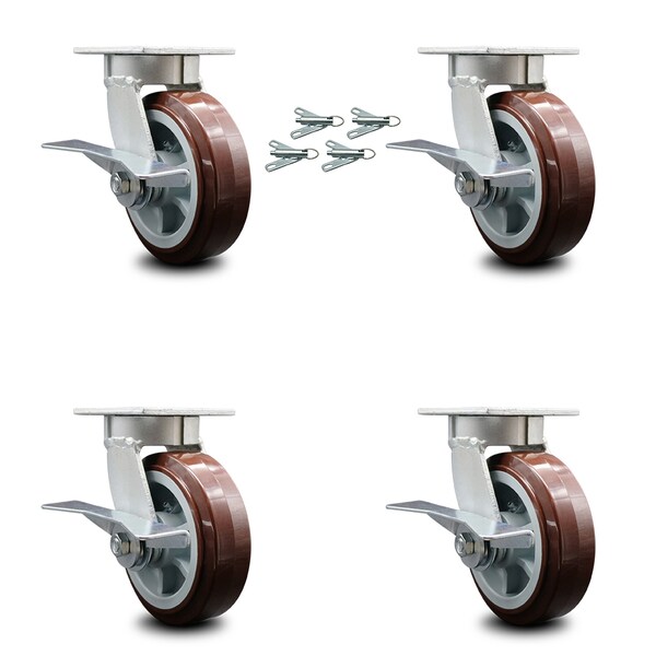 6 Inch Kingpinless Poly on Polyolefin Wheel Caster Set Brake and Swivel Lock SCC